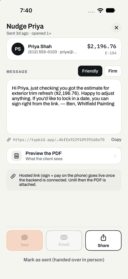 Follow-up message ready to send to a client who opened the estimate