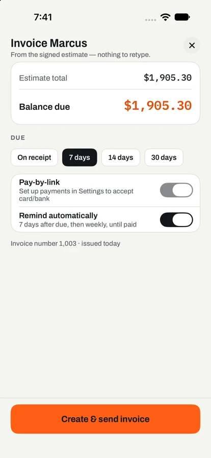 Invoice screen with balance due and pay-by-link reminders