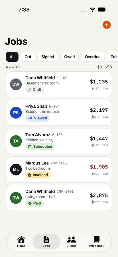 Jobs list showing each job's status and amount