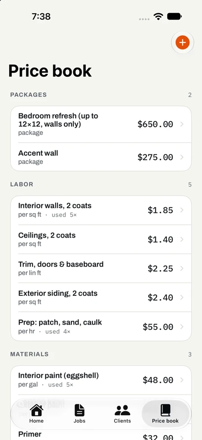 Price book with packages, labor rates per square foot and materials